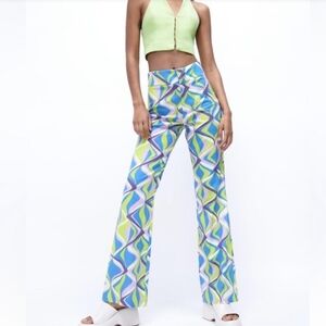 Zara Multicolor Linen Geometric Wide Leg Pants